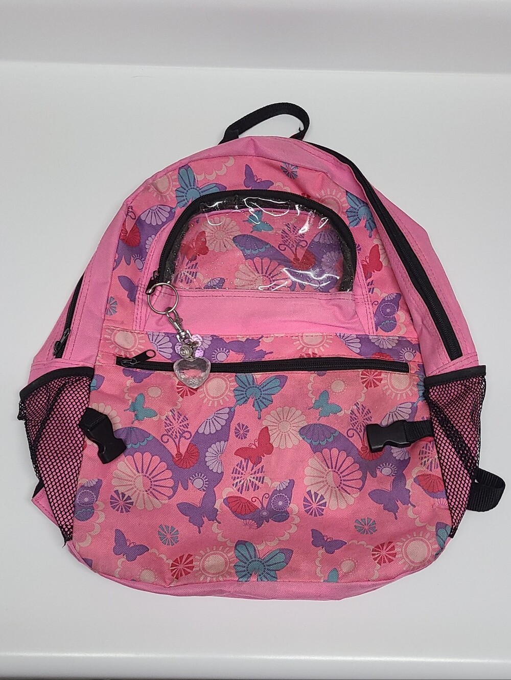 Girls Pink Butterfly Backpack Kids School Bag with Heart Charm & Clear Pocket